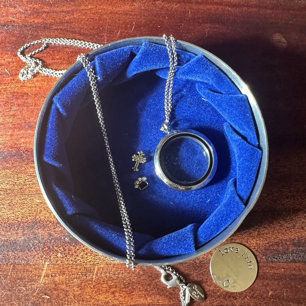 Silver & Glass Locket Necklace with Charms